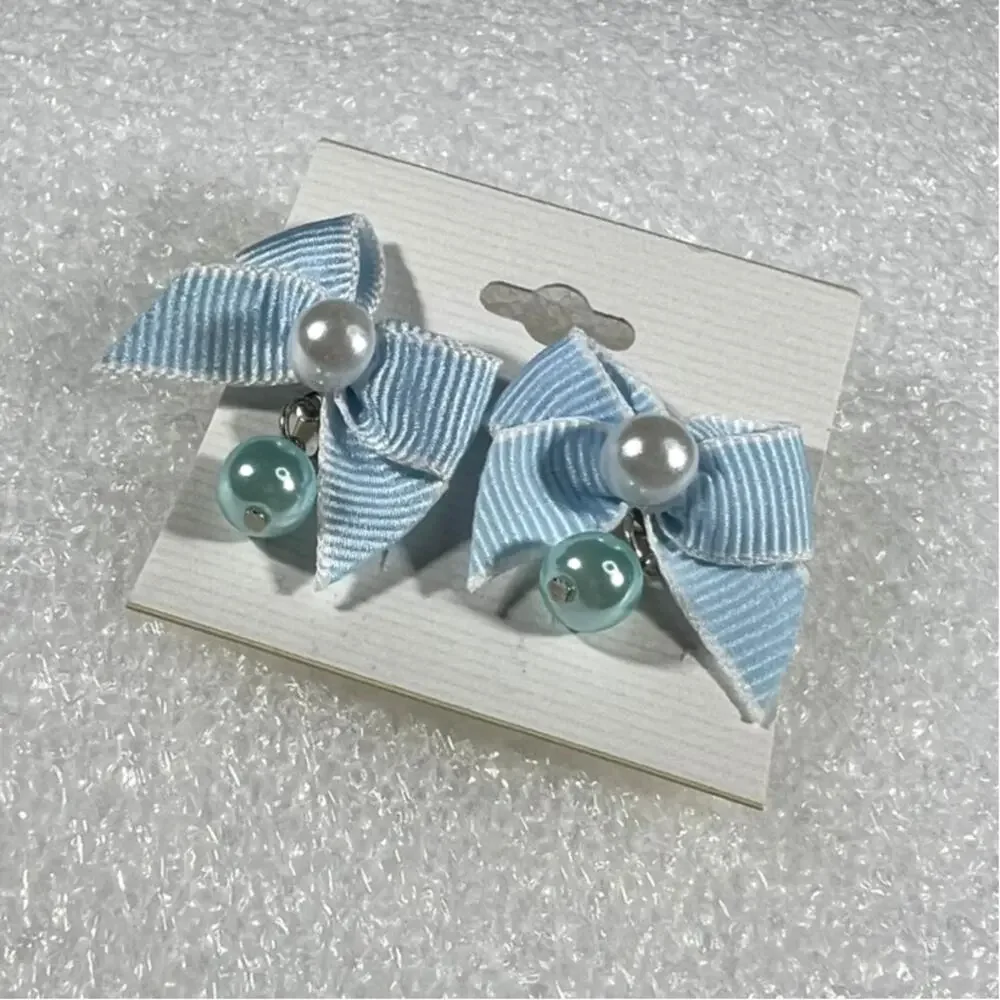 Retro Korean Coquette Faux Simulated Pearl Bow Earrings New on Card Deadstock